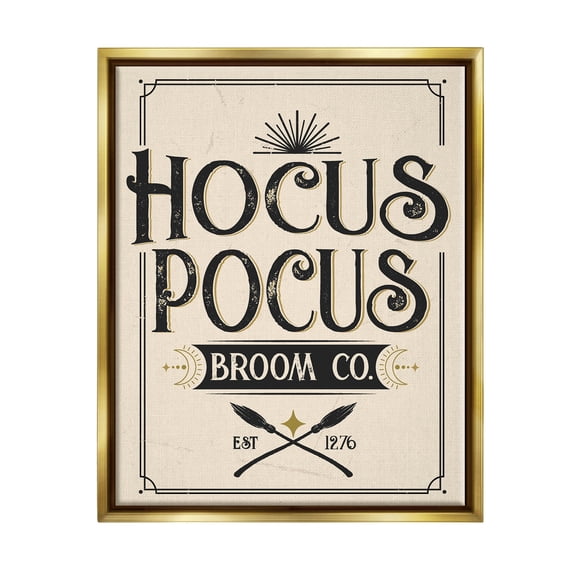 Stupell Industries Vintage Hocus Pocus Broom Sign Graphic Art Metallic Gold Floating Framed Canvas Print Wall Art, Design by Angela Nickeas