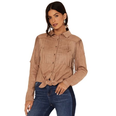 Idyllwind Women's Fate Tie-Front Faux Suede Fringe Shirt Tan XXX- US