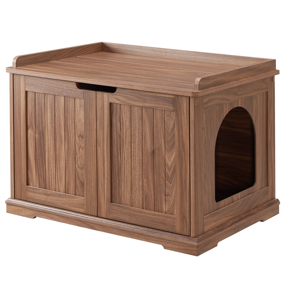 Unipaws Designer Cat Litter Box Furniture, Cat Washroom Storage Bench, Walnut