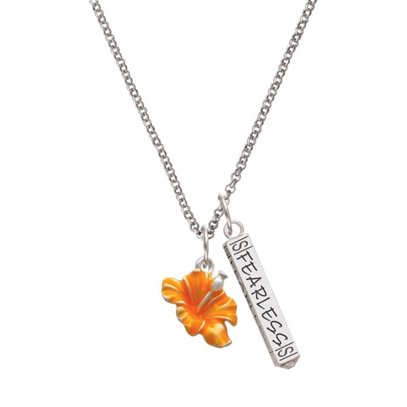 Delight Jewelry Silvertone Hot Orange Hibiscus Flower Silvertone Fearless Bar Charm Necklace, 23"