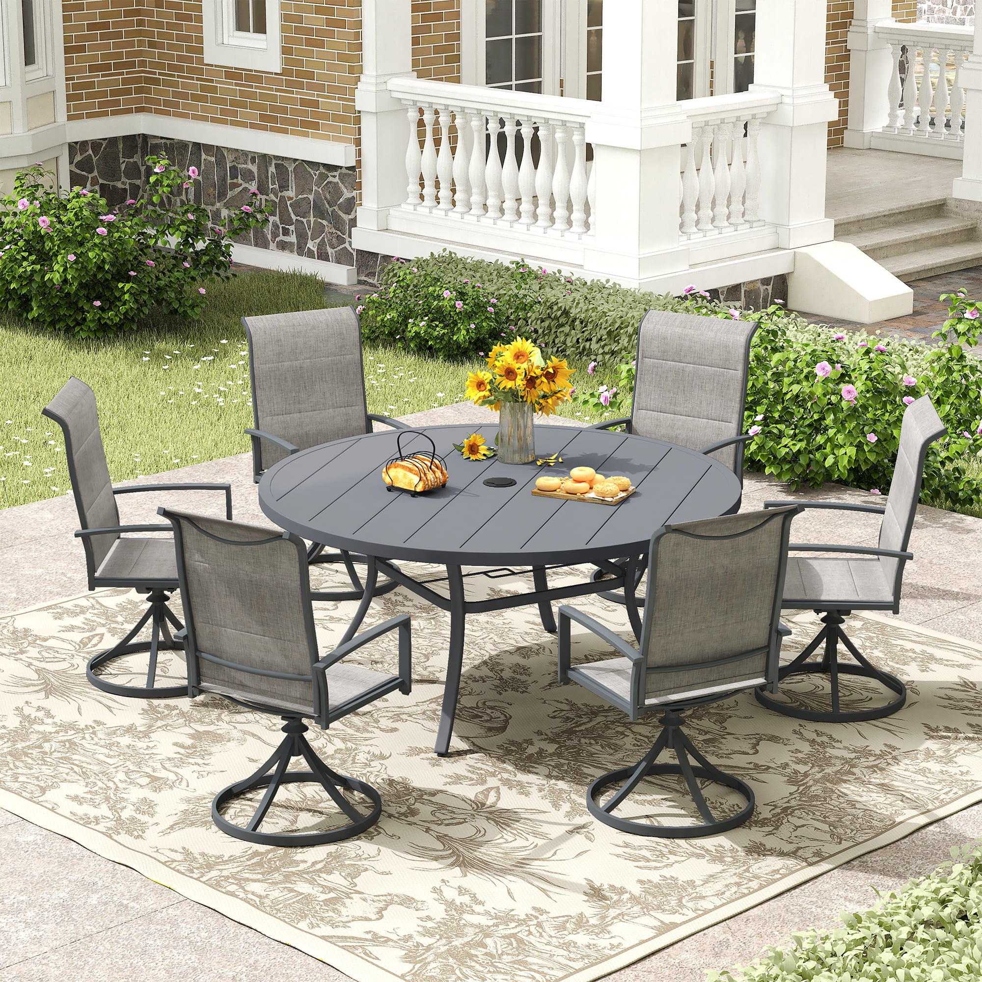 Vicllax Outdoor Dining Chair Patio Swivel Chairs Padded Textilene Fabric Metal Frame Set of 6 Gray