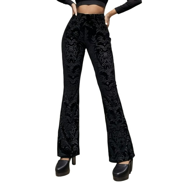 Pantalones casuales de ante oscuro acampanados para mujer - Poliéster-spandex, cintura alta, diseño sin cremallera para el trabajo y la playa