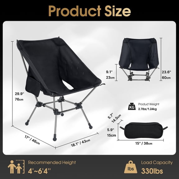 Upgraded Portable Camping Chair Plus 2-Pack, Lightweight Compact Folding Chair with Enhanced Comfort, 330 LBS Capacity, Ideal for Hiking, Backpacking & Outdoor Travel, Black