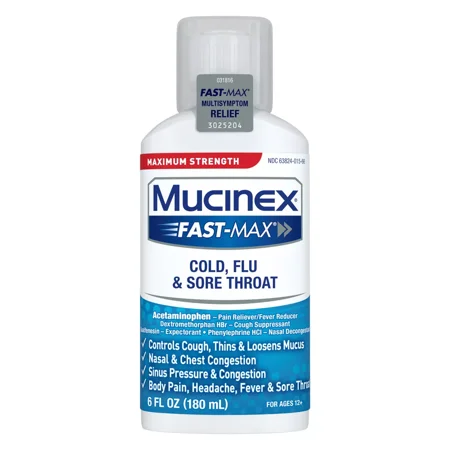 Mucinex Fast-Max Cold, Flu And Sore Throat Liquid For Ages 12 Plus, 6 Oz, 2 Pack