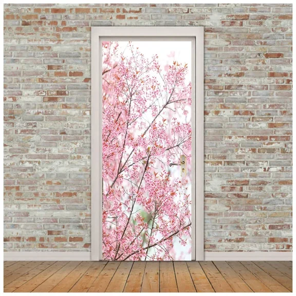Pink Cherry Blossoms Door Sticker Spring Sakura Flowers Wallpaper Decal Removable Self-adhesive Mura
