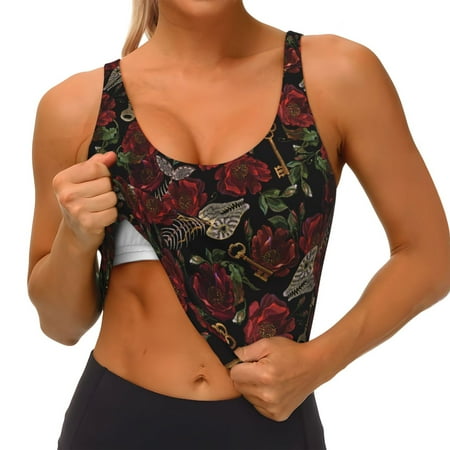 Qokaie Fishbone Rose Pattern Womens Scoop Neck Sports Bra Breathable Workout Vest Padded U Back Medium Impact Fitness Gym Yoga Bra Workout Crop Top