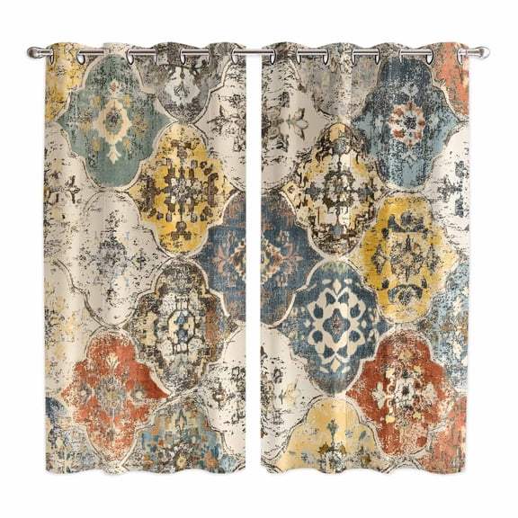 Vintage Boho Kitchen Curtains 63 Inch Length, Chic Farmhouse Neutral Morocco Geometric Grommet Top Bedroom Living Room Curtains, Light Filtering Cafe Curtain Drapes 2 Panels Set 84''x63''