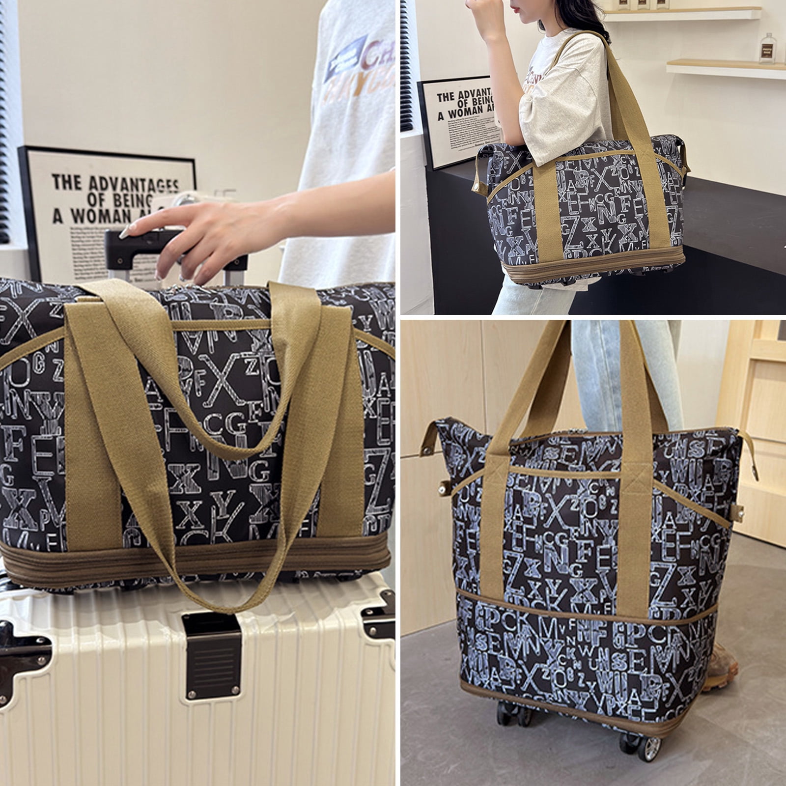 WOOW DEPOT Expandable Rolling Travel Bag, w/ 4 Detachable 360° Wheels & Trolley Sleeve, Foldable Luggage Bag Waterproof Carry On Overnight Tote Storage Duffle Bag for Gym House Moving Camping