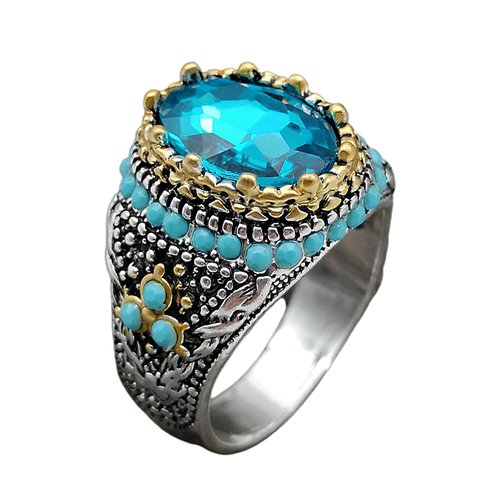 Skymirror Men Ring Blue Rhinestone Faux Turquoise Sparkling Vintage Wedding Band Ring Jewelry Gifts