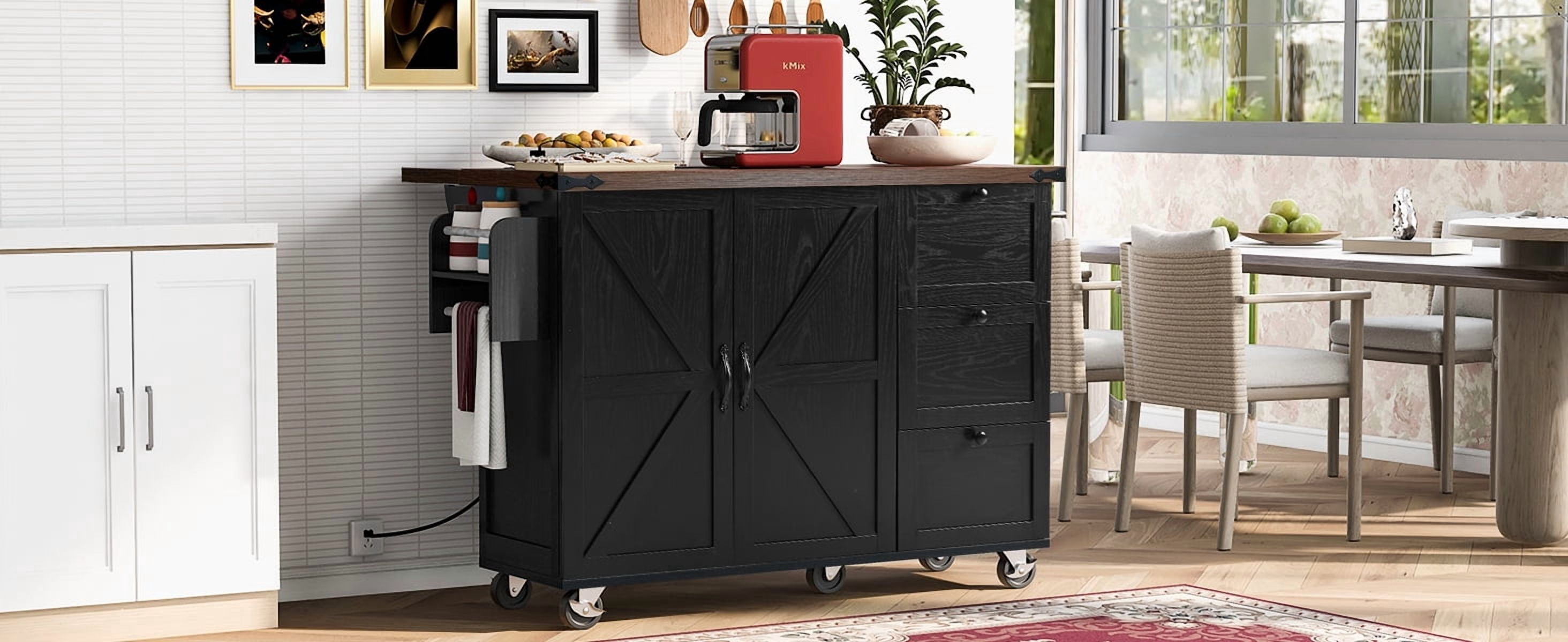MAYEERTY 54.5" Farmhouse Rolling Kitchen Island with Power Outlet for Kitchen & Dining Room, Black