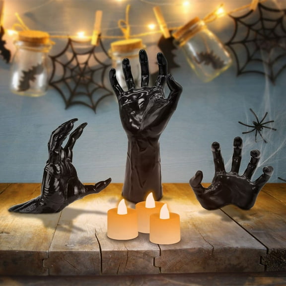3-Pack Halloween Creepy Reaching Hands Decor, Devil/Normal/Half Hand with Lighted Candles, PVC Material, Wall Hanger Function for Party/Home