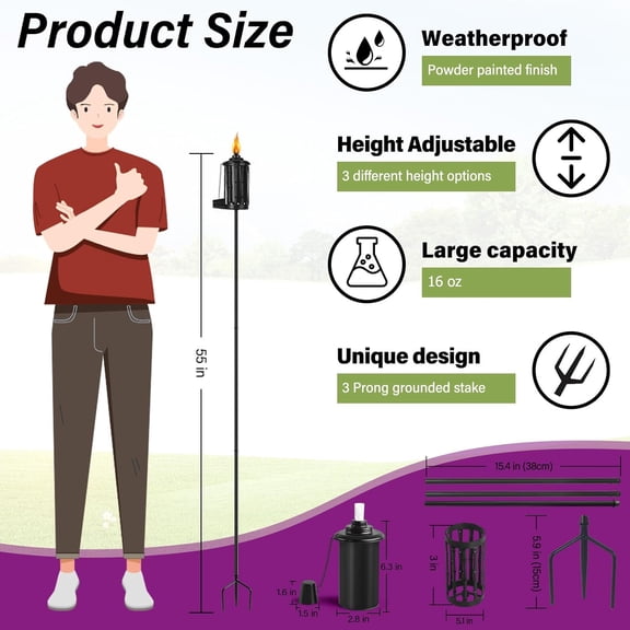 Home Garden Torch Set of 6, 16oz Outdoor Metal Torch Garden Décor,59-Inch Upgraded Citronella Torches with 3-Prong Grounded Stake, Metal Light Torches for Party Patio Pathway$$