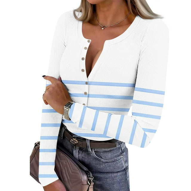Yourumao Ribbed Knit Tops for Women Striped Half Button Henley Shirts Fitted Long Sleeve Blouses Spring Summer Tshirts