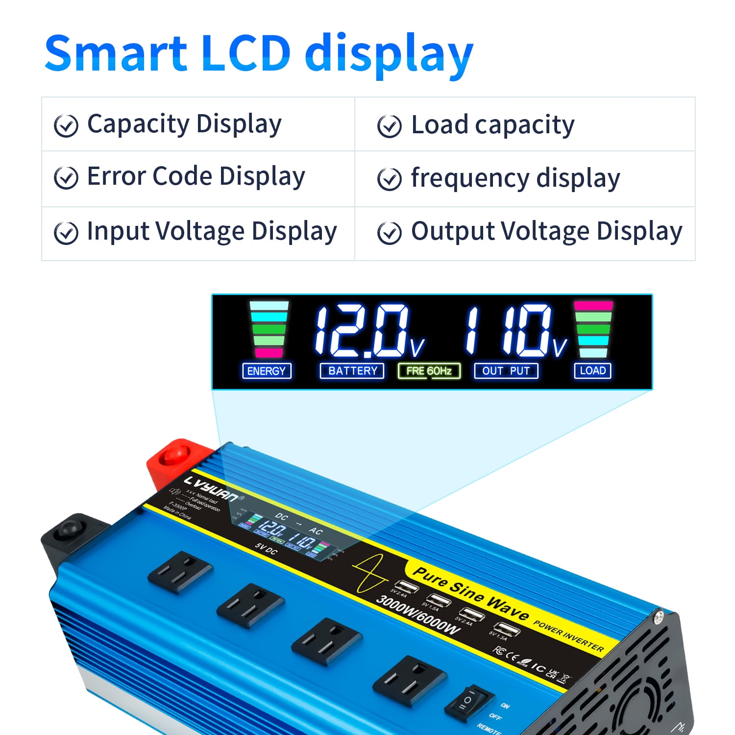 LVYUAN 3000W Pure Sine Wave Power Inverter 6000W Peak DC 12V to AC 110V Car Converter with LCD Display, Remote Control, 4 AC & 4 USB Ports, for Car, RV, Truck, Camping, Off-Grid, Home Backup Blue