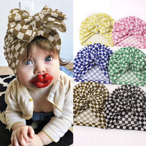 Solid Color Baby Hat Plaid Big Bowknot Baby Girl Hat Turban Spring Head Wraps Baby Kids Bonnet Beanie Newborn Headband 0-2 Years5One Size He Qiyong unisex