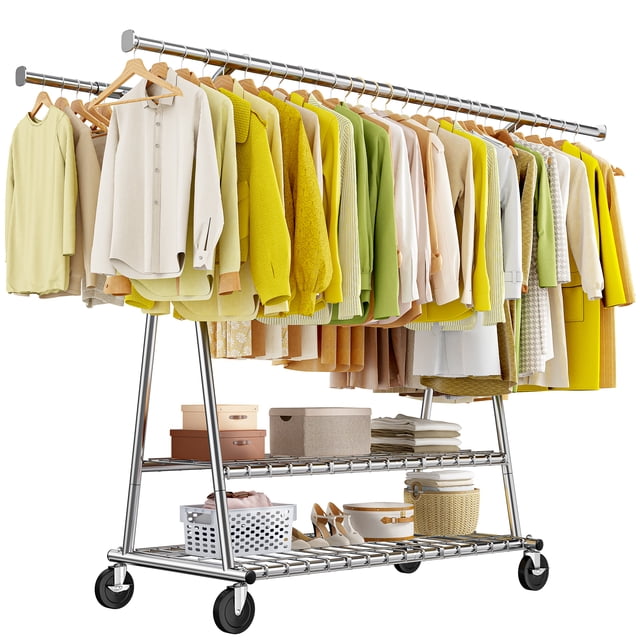 Exenoray Portant à Vêtements Robuste à Double Tige, Design Courbé, Réglable 55 Pouces-78 Pouces, Portant Chromé avec Roues et Tablettes de Rangement, Capacité de 650 Lb