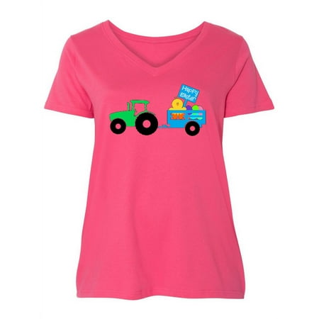 

Inktastic Happy Easter Cute Chick and Green Tractor Women s Plus Size V-Neck
