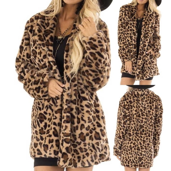 Women Cheetah Leopard Jacket Fall Winter Warm Long Sleeve Soft Casual Outerwear Coat Apparel Clothing Brown L