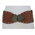 thumbnail image 5 of Women Elastic Wide Brown Faux Leather Corset Belt Fan Buckle S M, 5 of 17