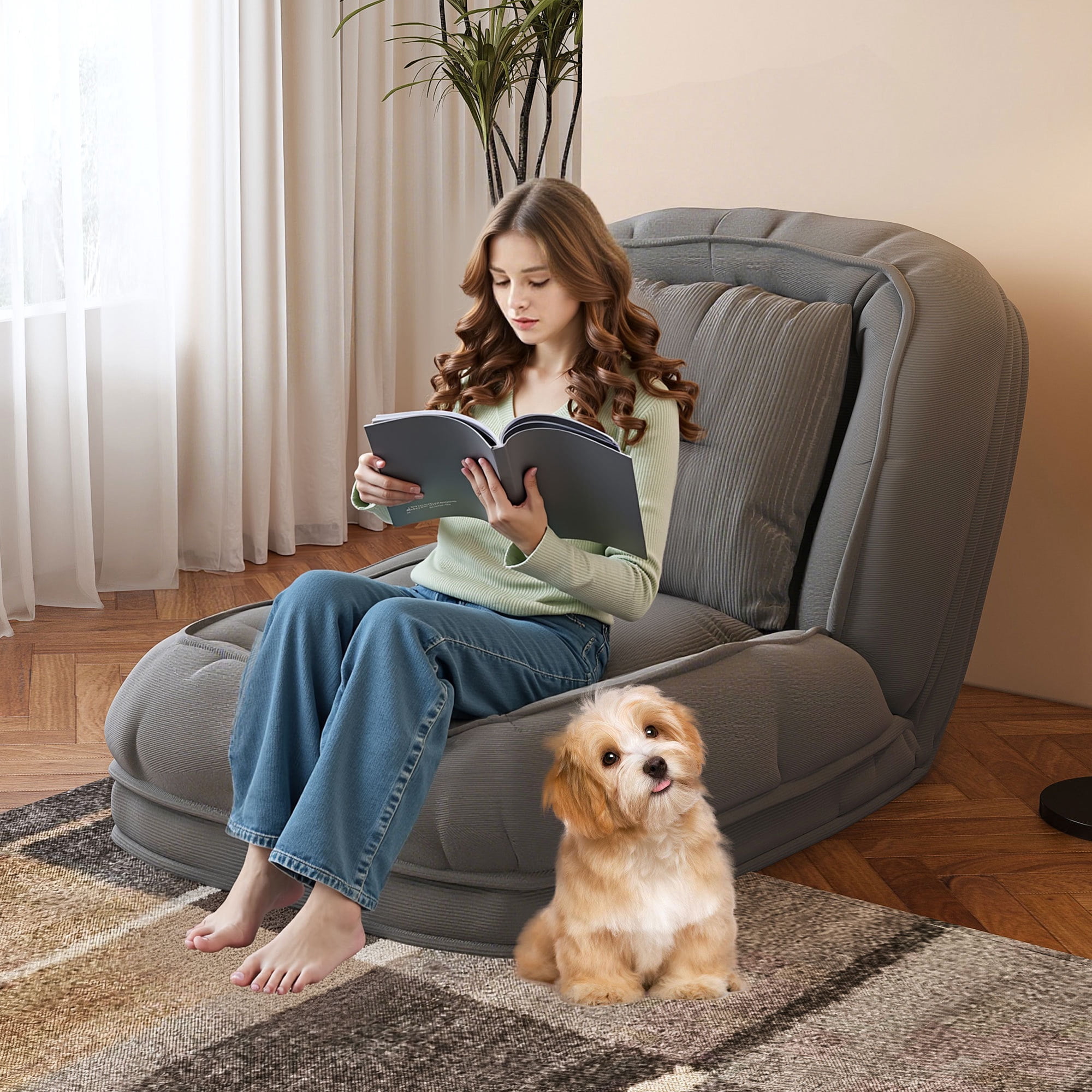 Jopath Foldable Lazy Sofa Bed with 2 Soft Pillows,Human Dog Bed with 5 Adjustable Position for Bedroom Living Room Reading Corner(Grey)