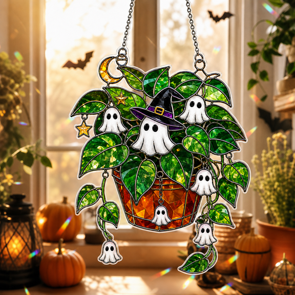 Holographic Halloween Witch Ghost Plant Acrylic Suncatcher, Window Decor