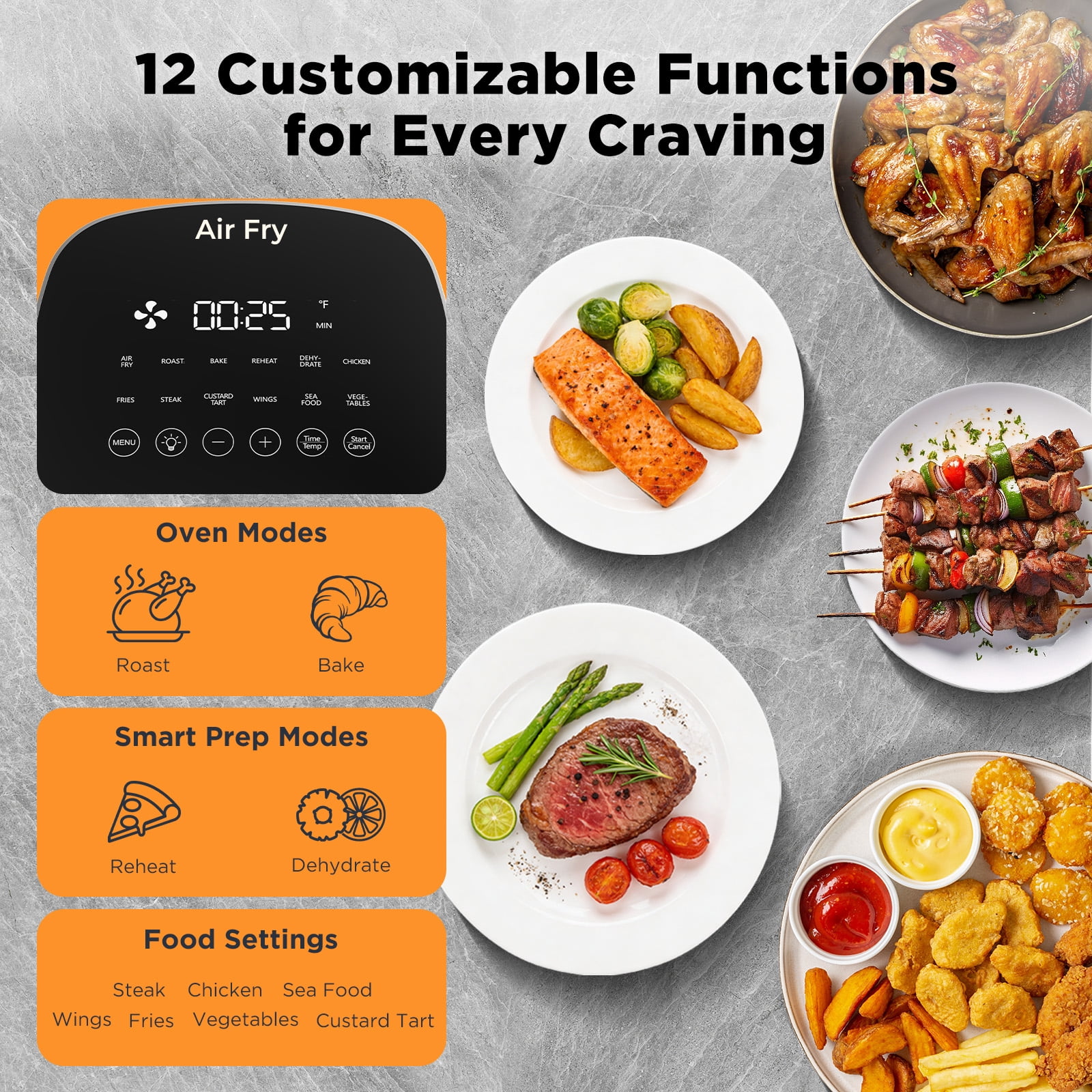 Fullwill 6QT Air Fryer with Viewing Window,12-in-1 Multi-Function Air Fry,Roast,Bake, Dehydrate, Fries,Nonstick and Dishwasher-Safe Basket,Family&friends Party,Max 400℉ Crisping 1700W,Gray