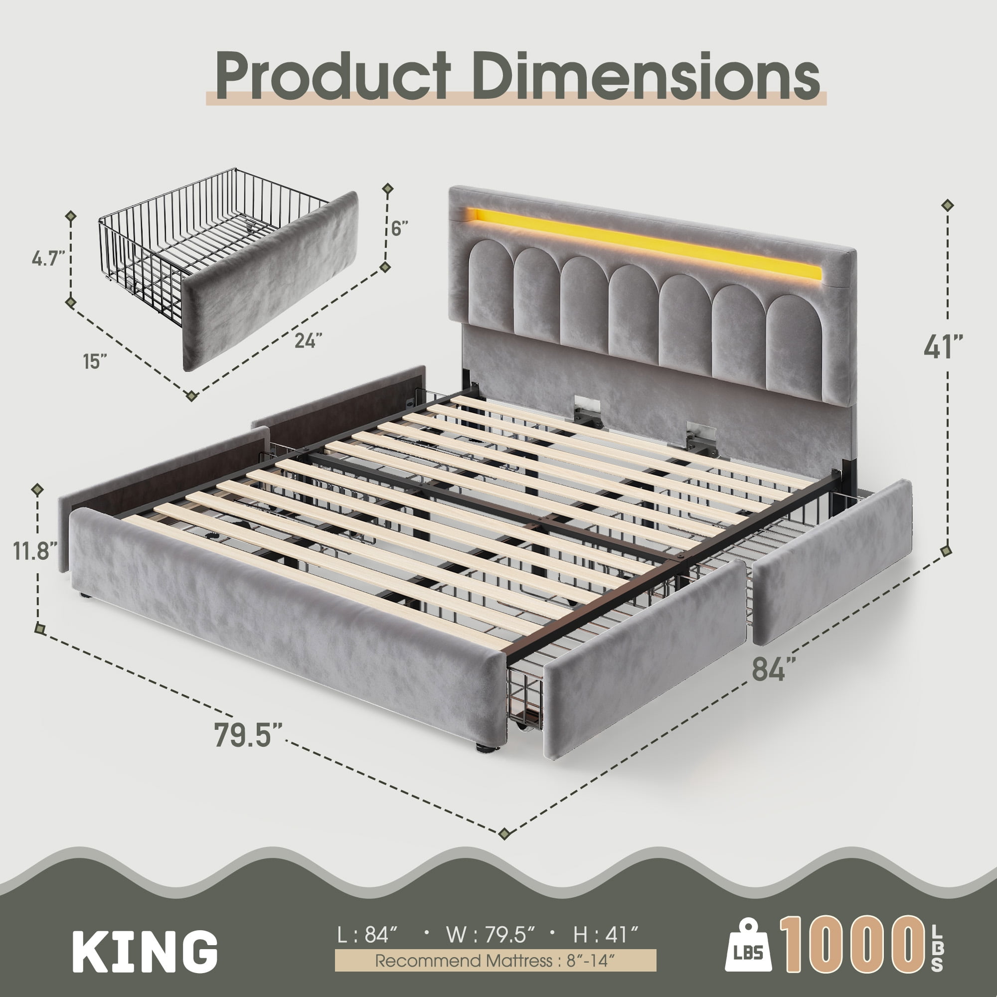 EnHomee Upholstered Bed Frame with 4 Storage Drawers King Size Bed Frame with Headboard & LED Light,Gray