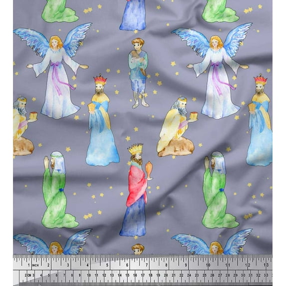 Soimoi Japan Crepe Satin Fabric King & Angel Watercolor Printed Craft Fabric by The Yard 42 Inch Wide