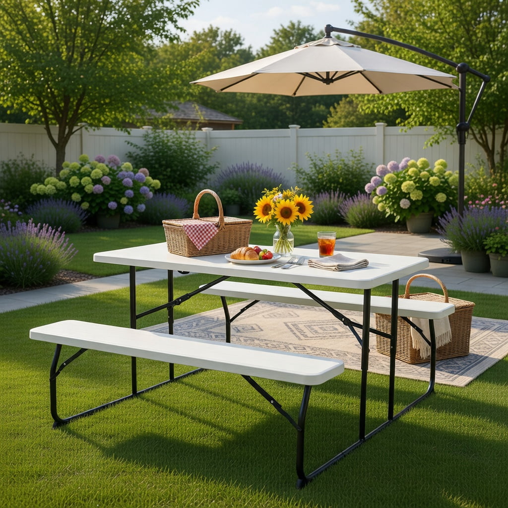 Hommoo Folding Outdoor Picnic Table & Bench Set, Wood-Grain HDPE Top, Steel Frame, Heavy-Duty Folding Patio Table for Backyard, Camping, Tailgating, White