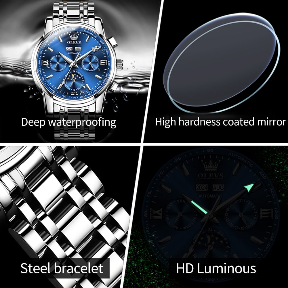 OLEVS Automatic Watches for Mens Self Winding Mechanical Multifunction Chronograph Luxury Business Dress Moon Phase Stainless Steel Waterproof Luminous Calendar Mens Wrist Watches Reloj Para Hombre