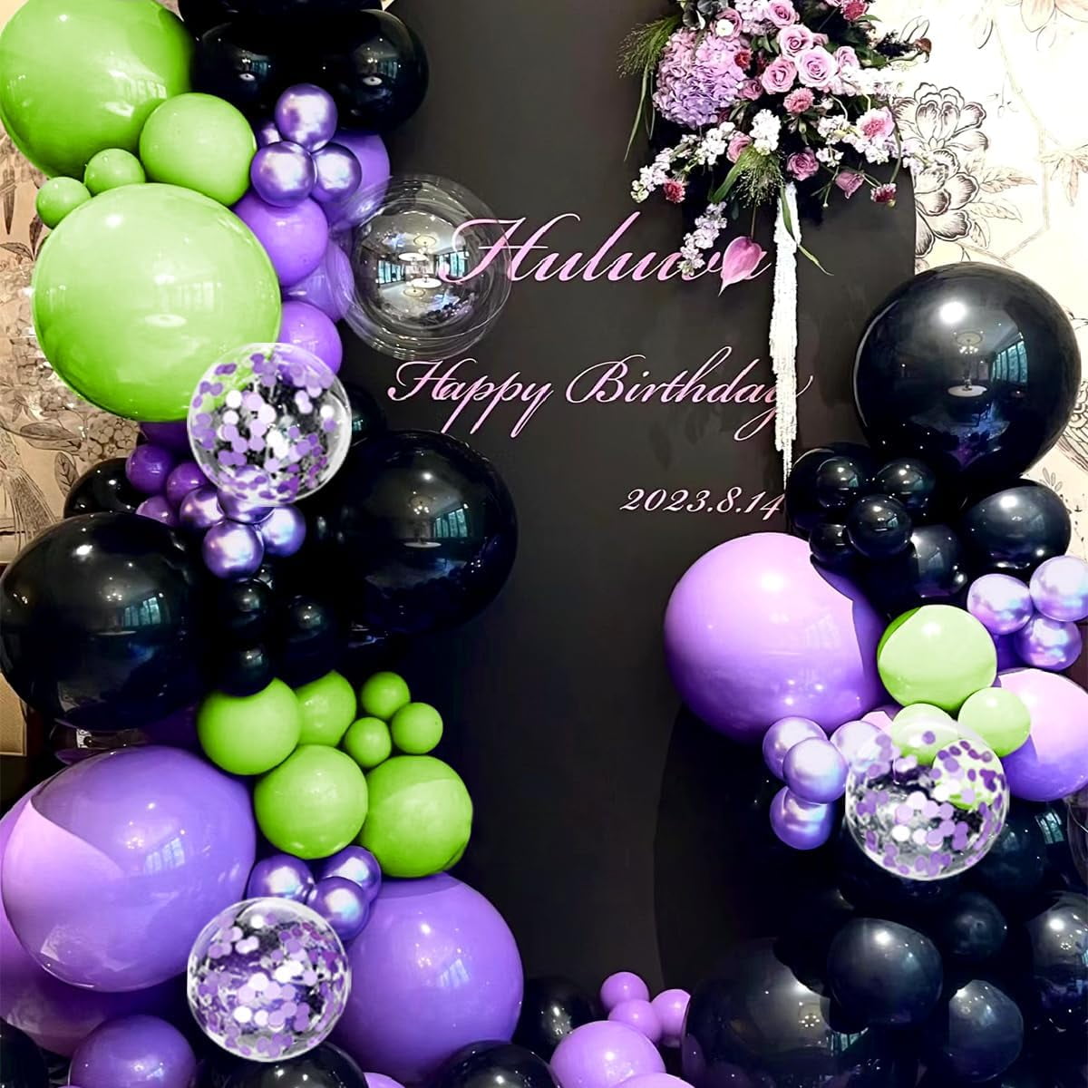 Purple Green Black Balloon Garland Arch Kit, 156 Matte Black Metallic Purple Lime Green Balloons for Wedding Anniversary Hero Birthday Video Game Graduation Racing Car Party Decoration