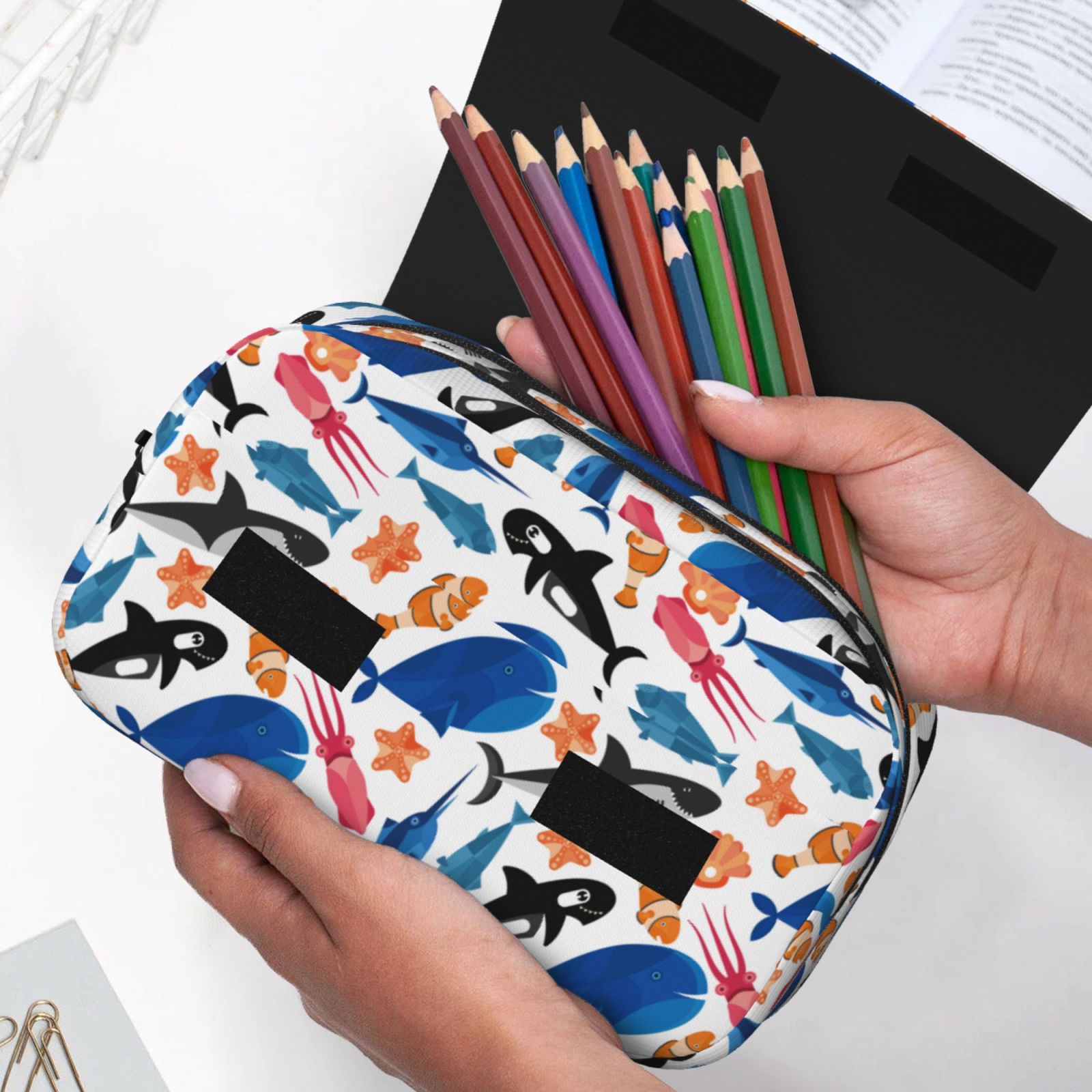 Rateoe Cute Sea Animals Pattern Double Clamshell Pen Case, Storage Organizer with Two Zipper Compartments– Holds Up to 50 Pencils & Pens