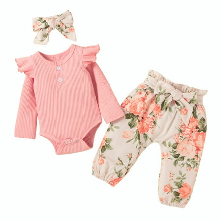 

Kiplyki New Arrivals Pants for Toddler Girls Ruffle Clothes Flowers Print Outfit Bow Three-piece