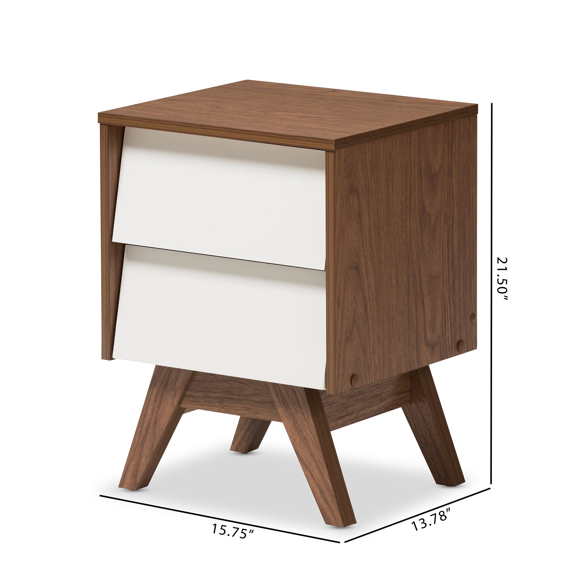 Halfrida Mid-Century Modern White and Walnut Wood 2-Drawer Storage Nightstand by Bellamy Studios