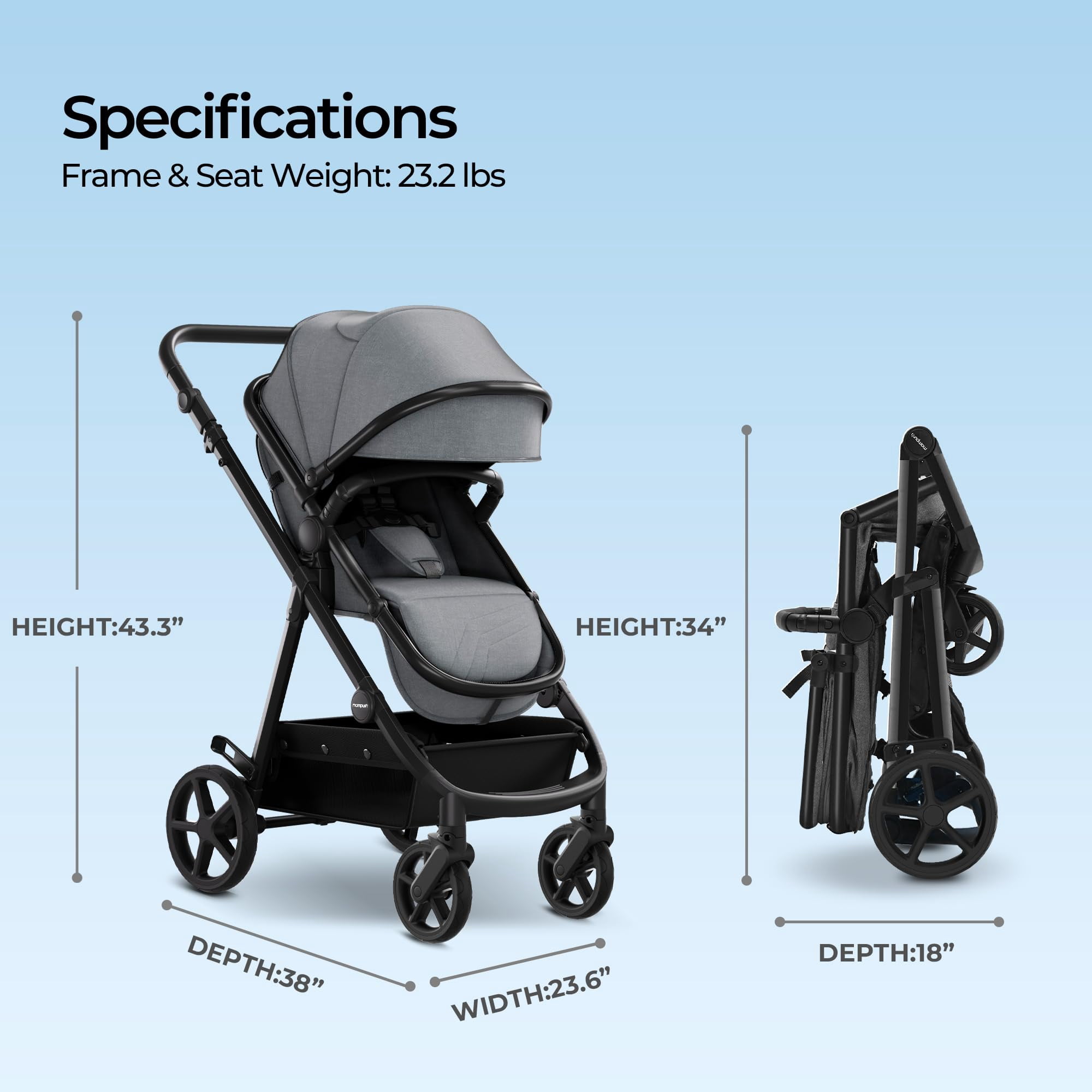 Mompush Meteor2, 2-in-1 Baby Stroller with Bassinet Mode, Adjustable Handle and Footrest, Grey, 23.2LB, Unisex