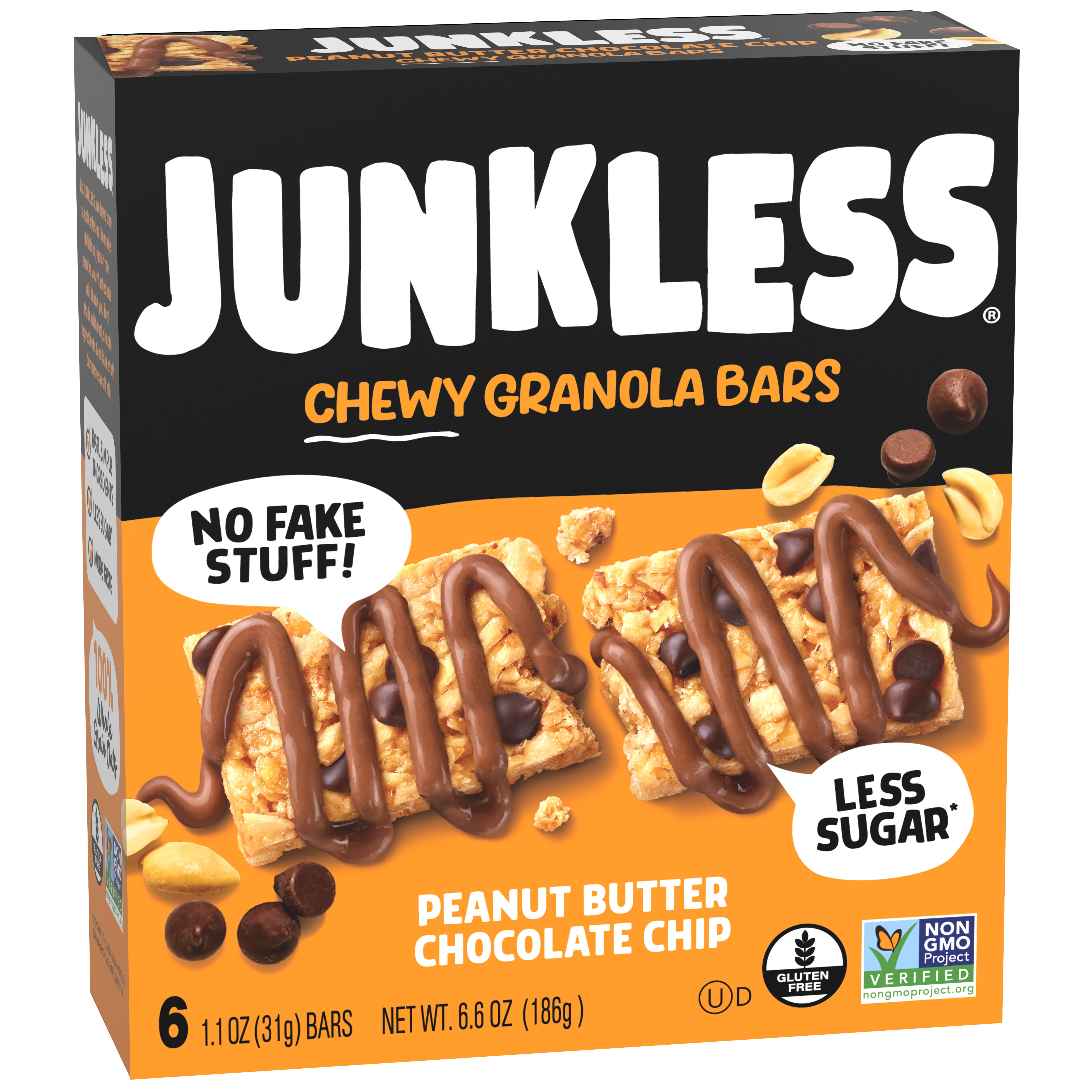 (8 pack) JUNKLESS Chewy Granola Bars, Peanut Butter Chocolate Chip, Less Sugar, Gluten Free, Non-GMO, 1.1 oz, 6 Count
