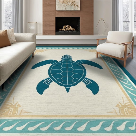 ODIKA 8'x10' Washable Area Rug Ocean Turtle Main Nautical Compass Center Map Wave Border Coral for Living Room, Under Sectional, Family , Durable, Non-Slip