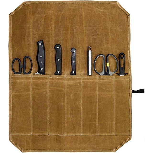 (kaki) Sacs de rangement et rouleaux de couteaux en toile cire pour couteaux de cuisine et ustensiles de cuisine