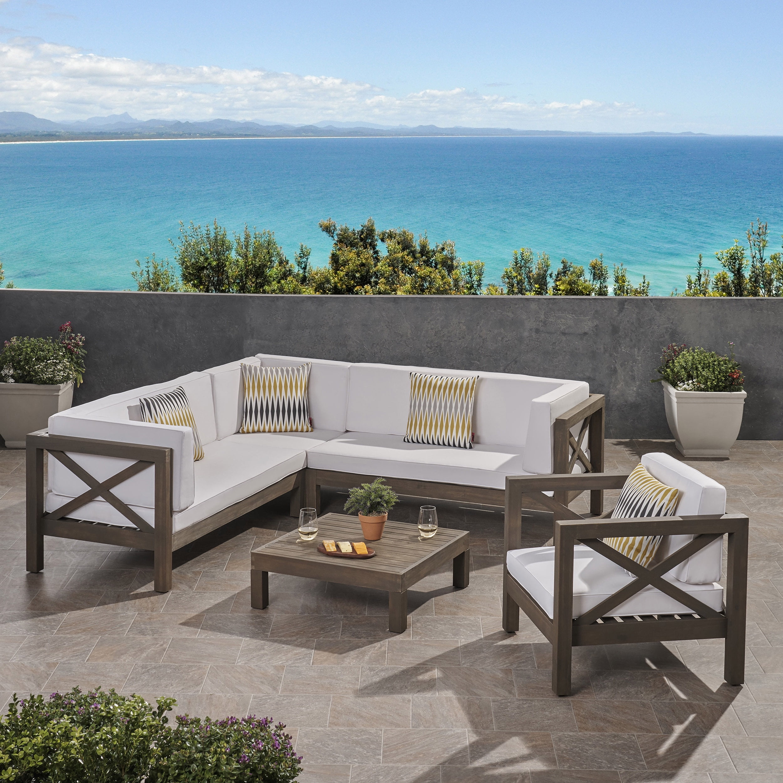 Timothy Outdoor 6 Seater Acacia Wood Sectional Sofa and Club Chair Set, Gray Finish, White