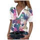thumbnail image 2 of Pntutb Mujer Retro Impresión Manga Corta Cremallera V-Cuello Urban Casual Pullover tops Pntutb Pntutb-2999, 2 of 3