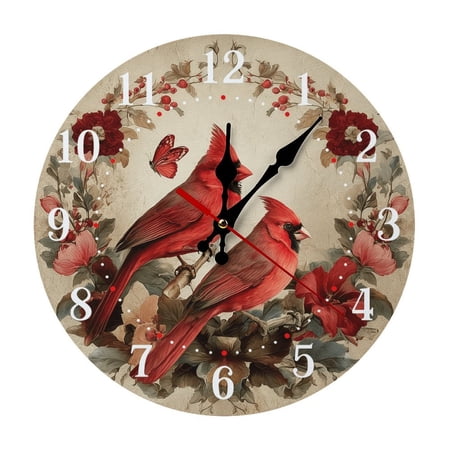12 Inch Vintage Red Cardinal Bird Floral Wall Clock, Silent Non-Ticking Rustic Farmhouse Decor or Gift For Bird Lovers, Nature Enthusiasts, room, Battery Not Included