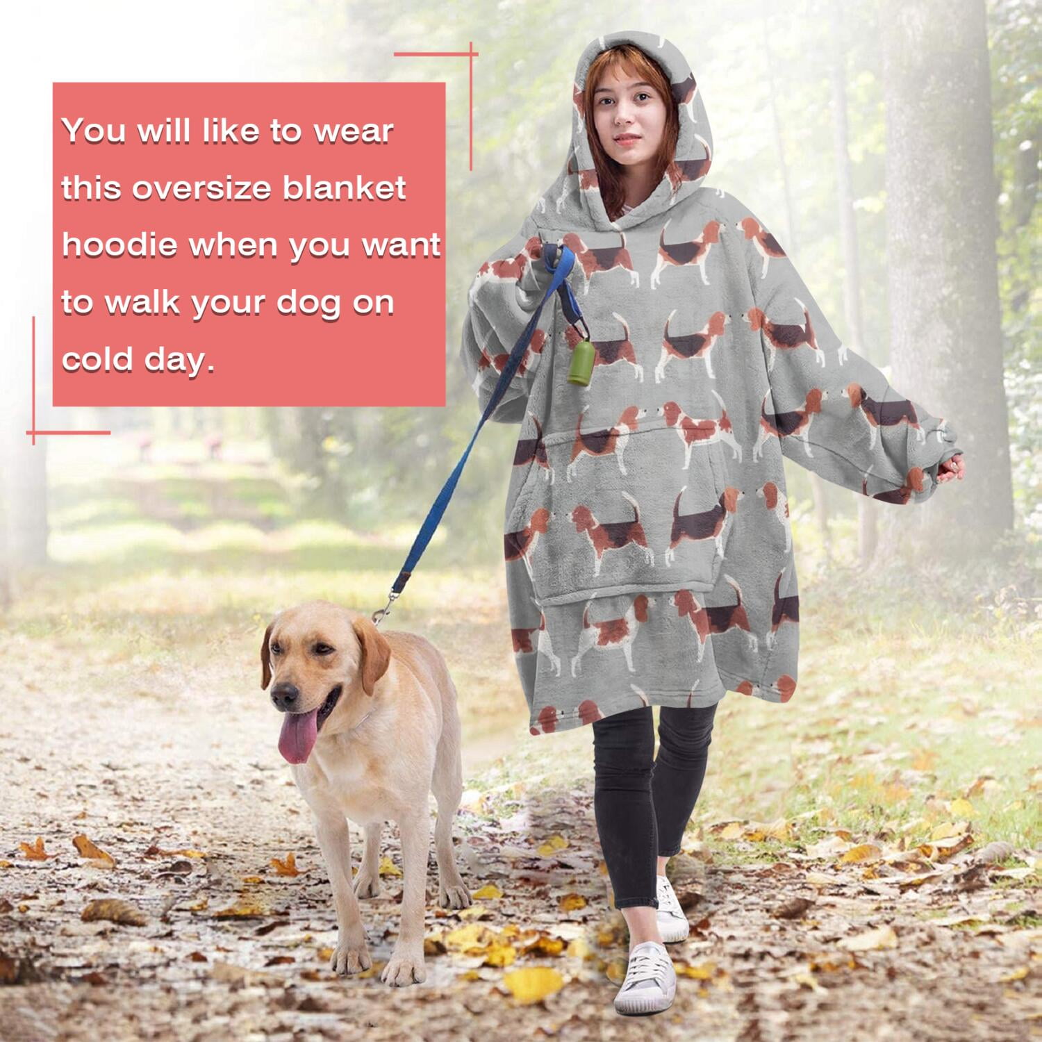 Animal Beagle Cute Dog Wearable Oversized Blanket,Wearable Blanket Hoodie for Adults,Cozy Hooded Blankets with Super Pockets,Super Warm Fuzzy Pullover for Women & Men