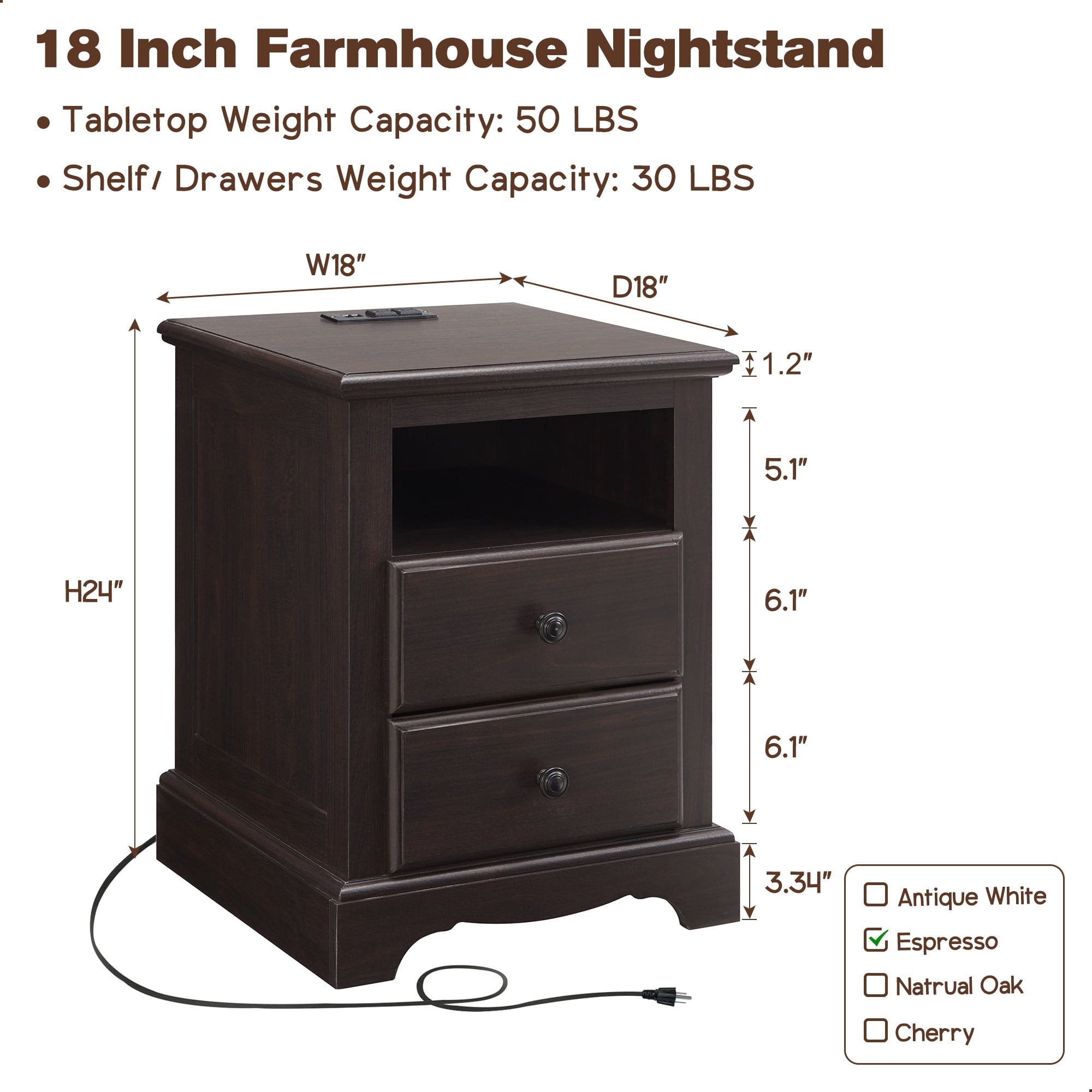 OKD Nightstand Set of 2 with Charging Station, Rustic End Table with 2 Drawers Farmhouse Side Table with 3-tier Storage Space Bedside Cabinet for Bedroom Living Room, Espresso
