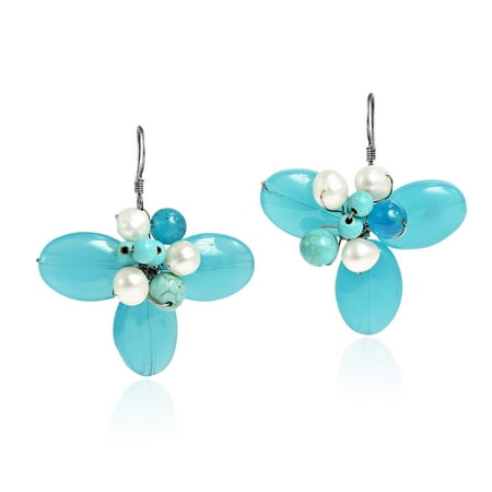 Reconstructed Stone - Dreamy Chalcedony Stone & Reconstructed Turquoise Flower Earrings