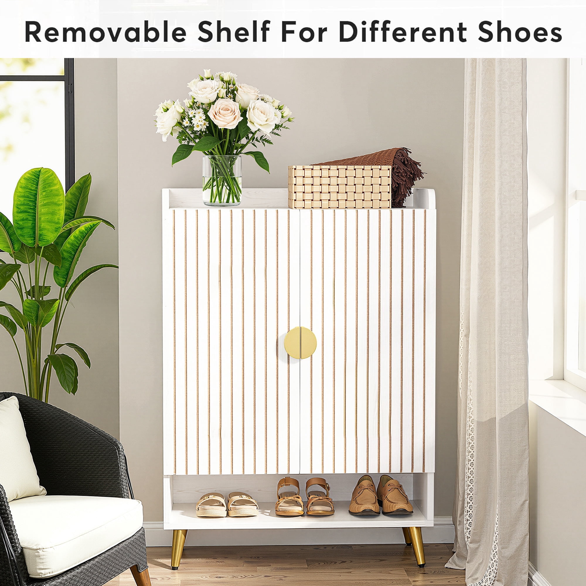 MAYEERTY 24-Pairs Large Capacity Shoe Organizer, White Waterproof Wood Finish with Golden Metal Accents