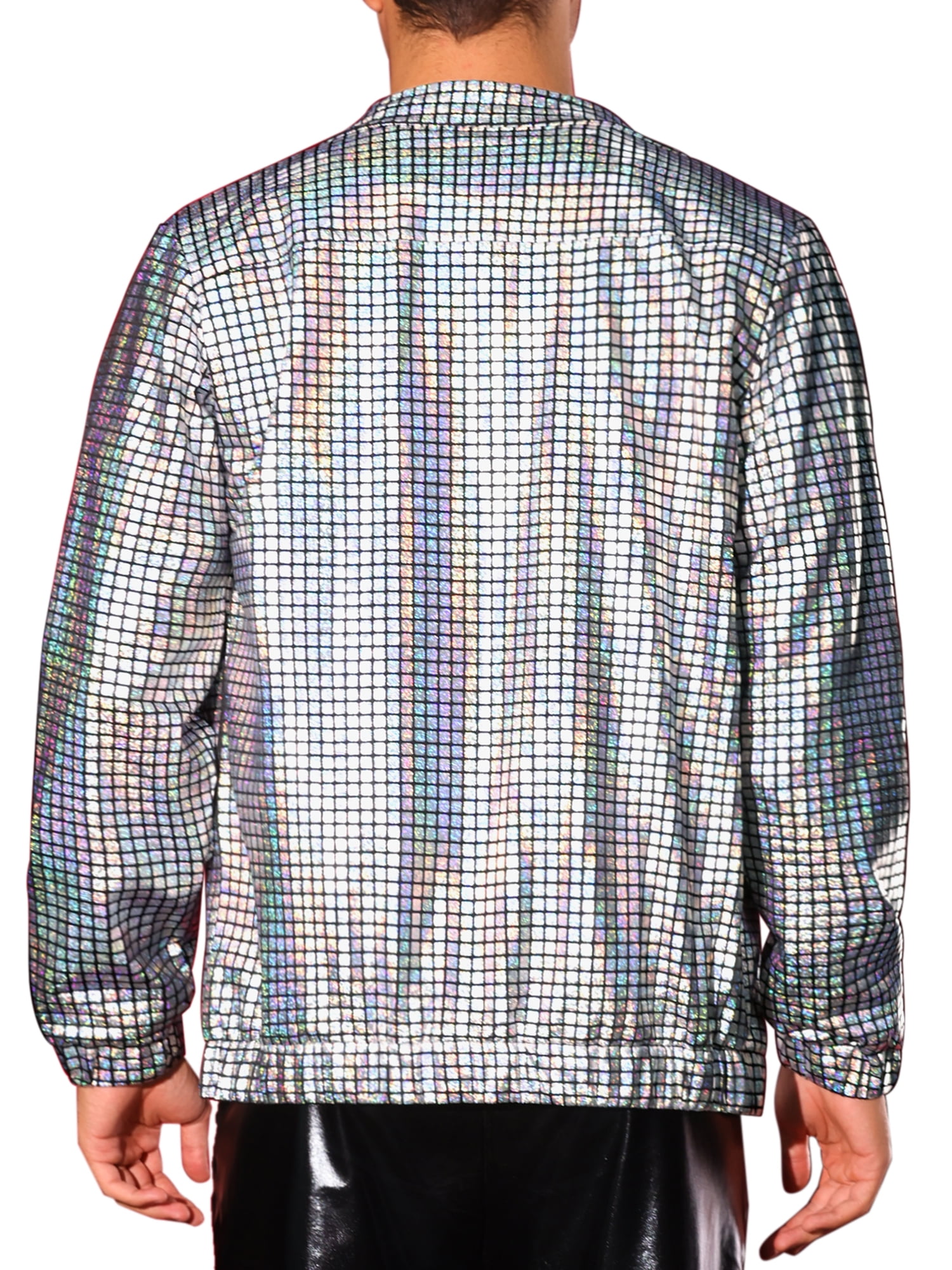 INSPIRE CHIC Holographic Jacket for Men's Metallic Long Sleeve Stand Collar Party Disco Shiny Jackets L Silver