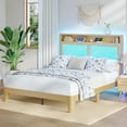 thumbnail image 4 of Rattan Bed Frame with LED Lights, Boho Wood Bed Frame with Storage Headboard & Charging Station, Silent Slats, No Box Spring Needed, 4 of 9