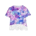 thumbnail image 3 of AJTQTH Tees for Girls Stylish Cute Floral Printed Tshirts Crewneck Short-Sleeved Tops Lace Patchwork Outfits Summer Casual School Holiday Clothes Purple 11 Years, 3 of 4