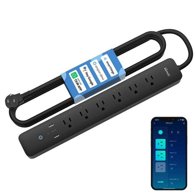 GHome Regleta de enchufe inteligente, 3 USB (carga rápida de 30 W) y 6 tomacorrientes controlados individualmente, protector contra sobretensiones WiFi compatible con Alexa y Google Home, monitor de e
