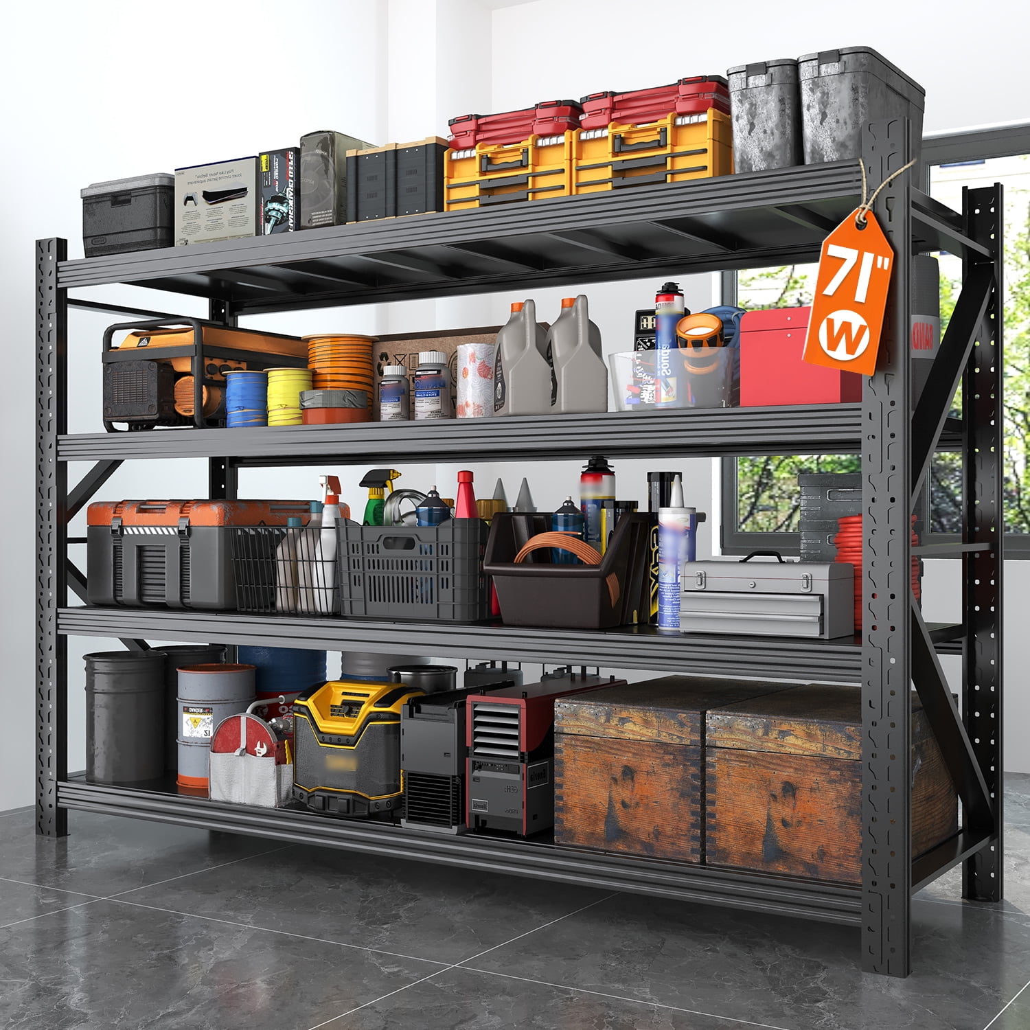 Metal Garage Shelving Unit, Heavy Duty Adjustable Industrial Storage Shelves, Steel Storage Rack for Garage, Warehouse, Basement, Black, 70.1"H x 71"W x 24"D, 1 Pack